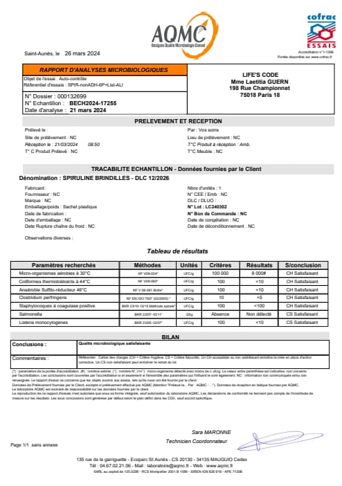 Analyse bactério brindilles spiru