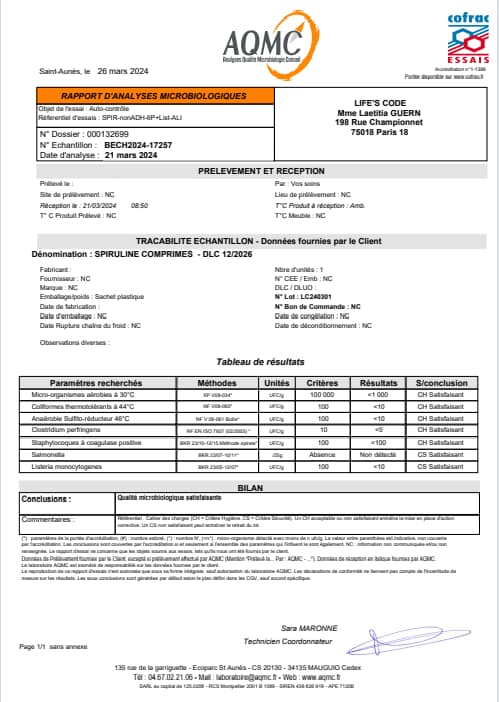 Analyse bactério comprimés spiru